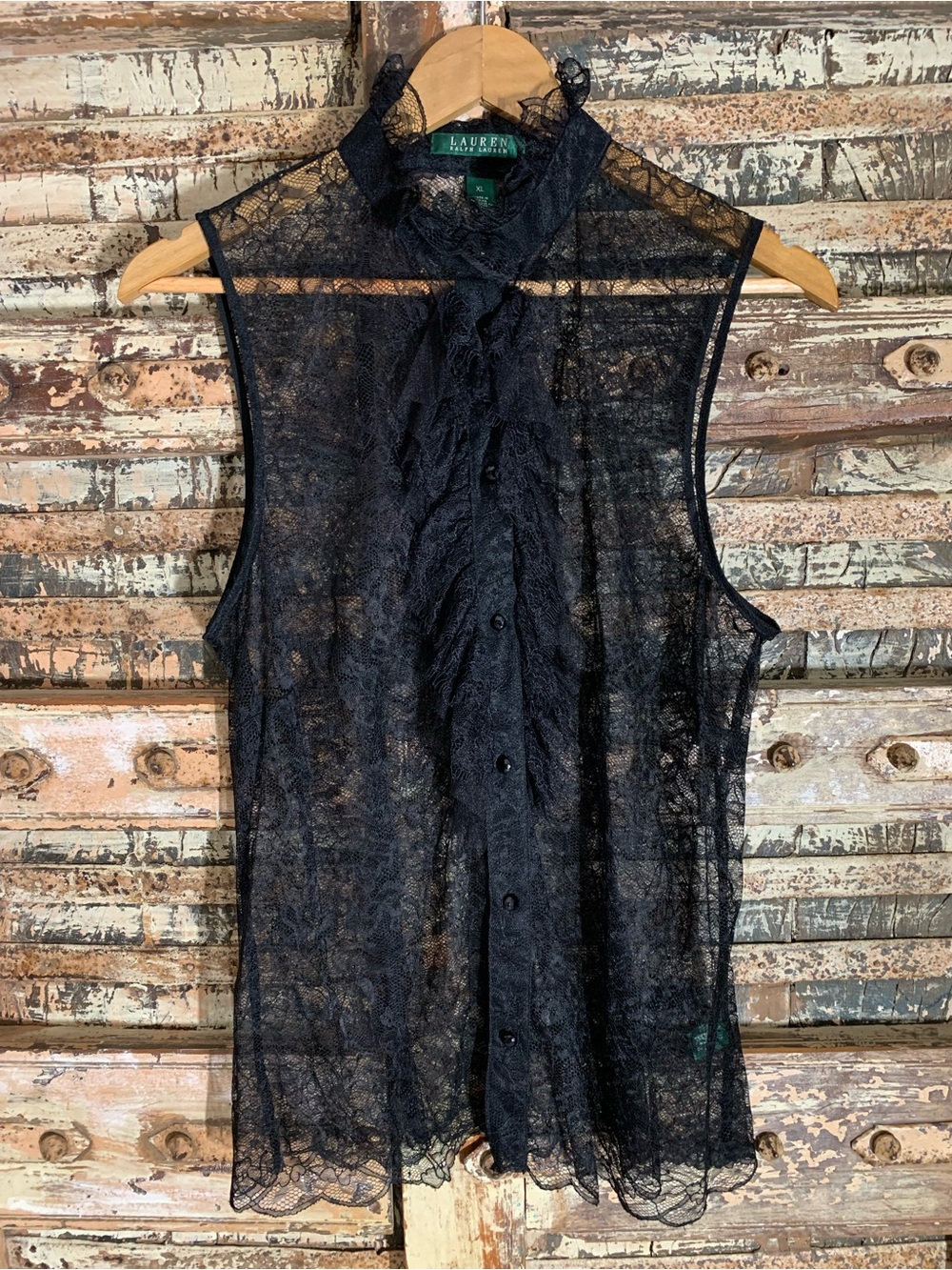 Lauren Ralph Lauren Black Sheer Lace Ruffle Front Sleeveless Top, xL